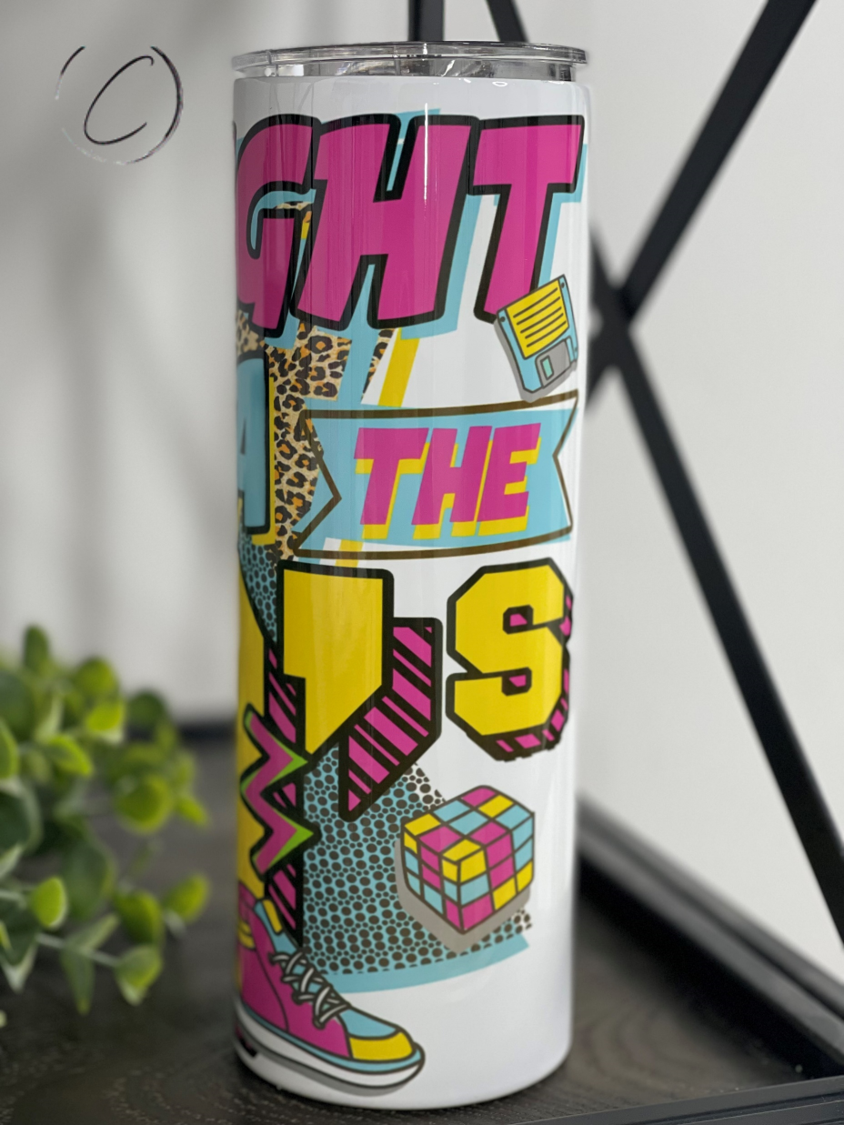 Straight Outta The 80's 20oz Skinny Tumbler featuring a vibrant retro design, perfect for drinks on the go.