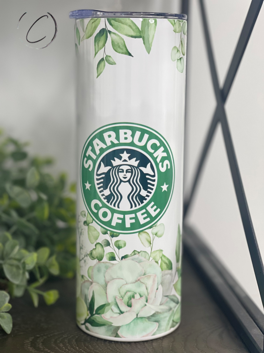 Succulent Starbucks 20oz Skinny Tumbler with a vibrant succulent design, featuring a reusable straw.