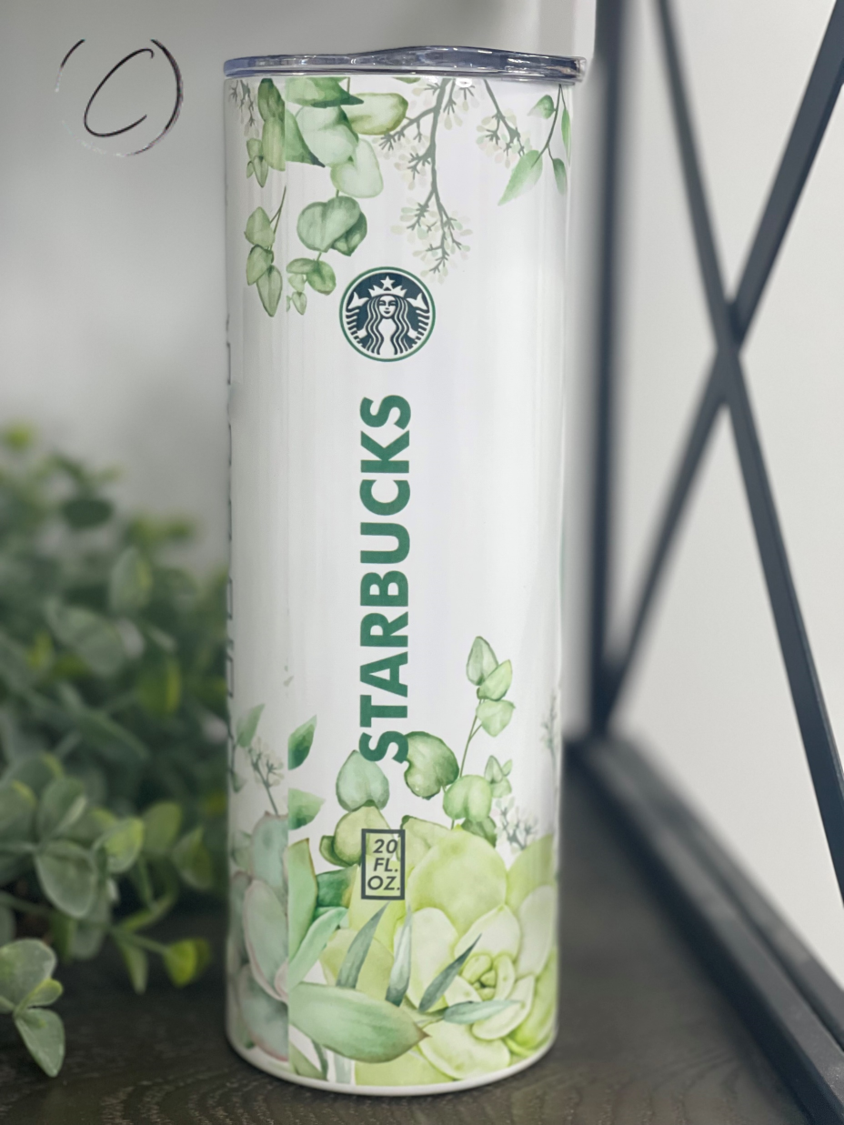 Succulent Starbucks 20oz Skinny Tumbler with a vibrant succulent design, featuring a reusable straw.