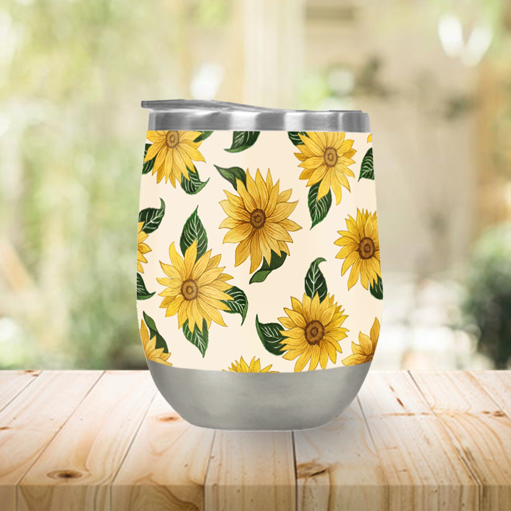 A vibrant Summer Sunflower Stemless Wine Tumbler showcasing its floral design and stainless steel construction, perfect for outdoor use.