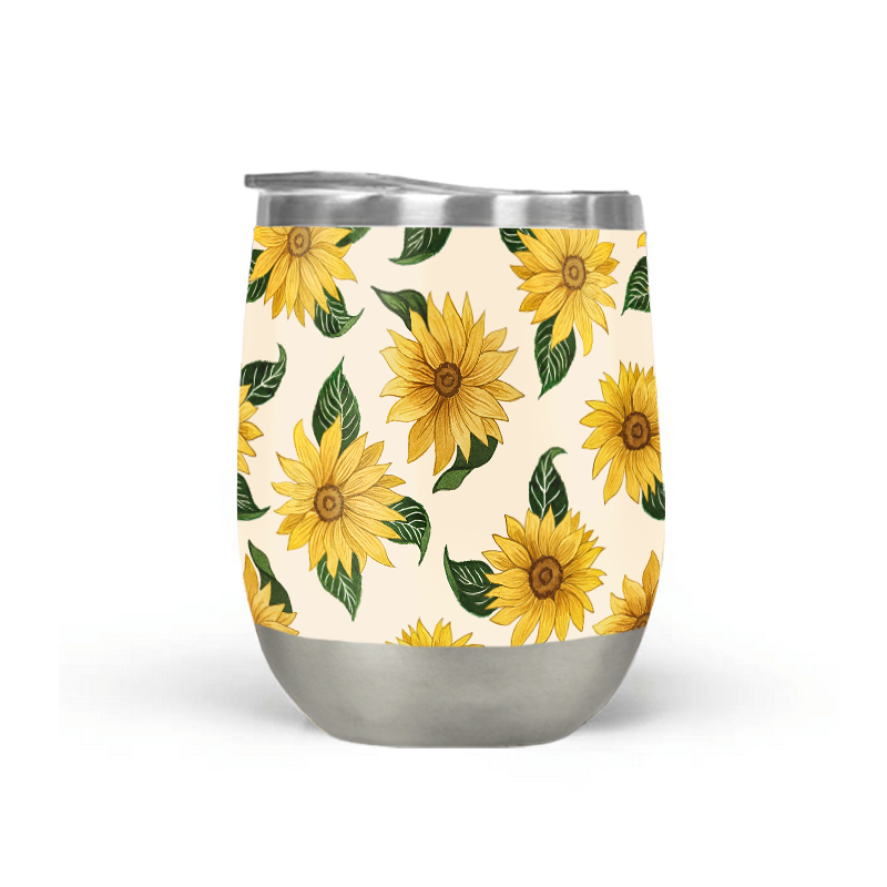 A vibrant Summer Sunflower Stemless Wine Tumbler showcasing its floral design and stainless steel construction, perfect for outdoor use.