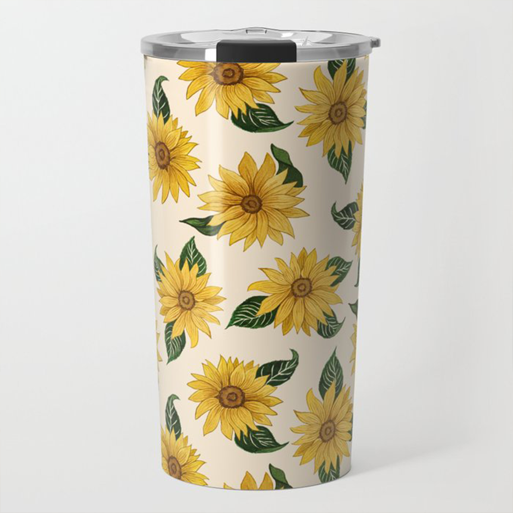 A vibrant Summer Sunflower Travel Mug made of stainless steel, featuring a cheerful sunflower design and a vacuum-sealed lid.