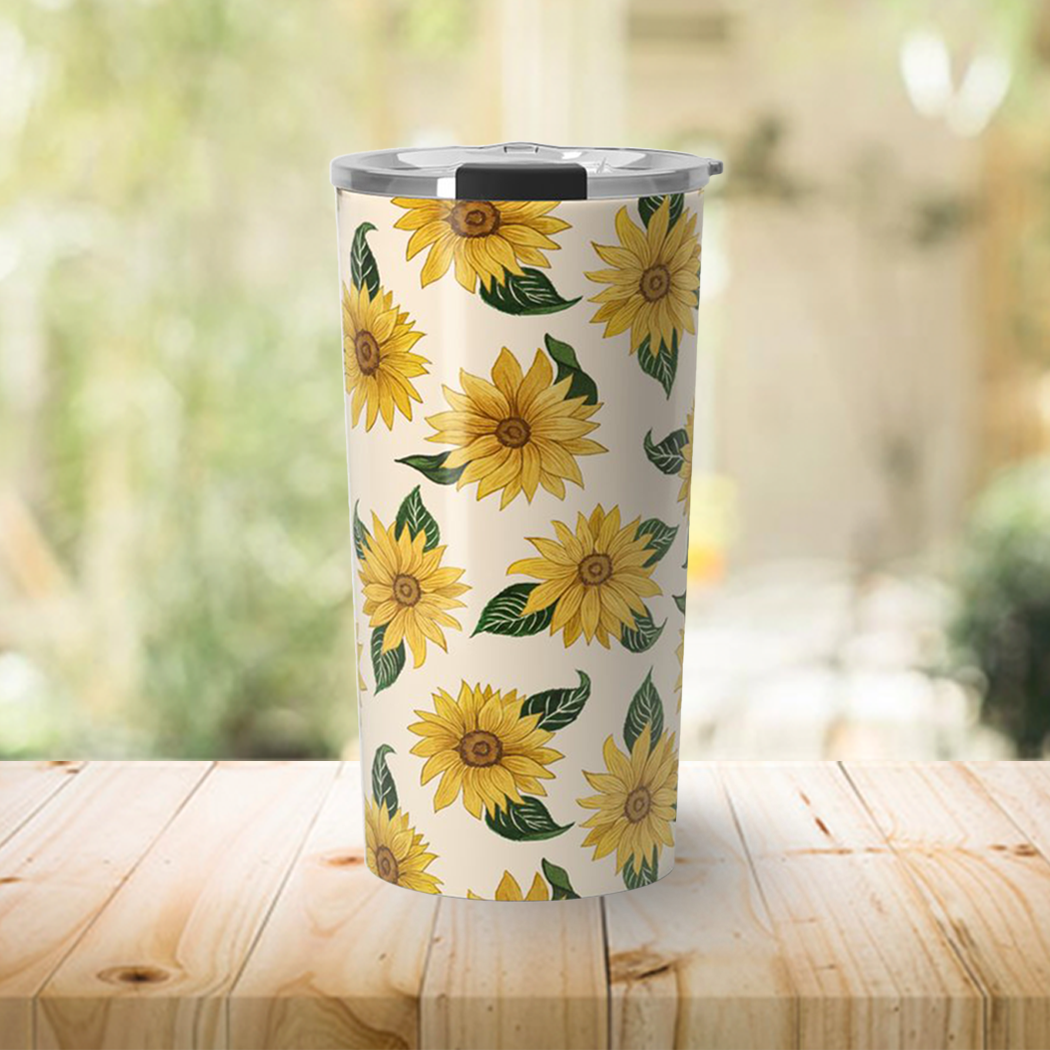 A vibrant Summer Sunflower Travel Mug made of stainless steel, featuring a cheerful sunflower design and a vacuum-sealed lid.