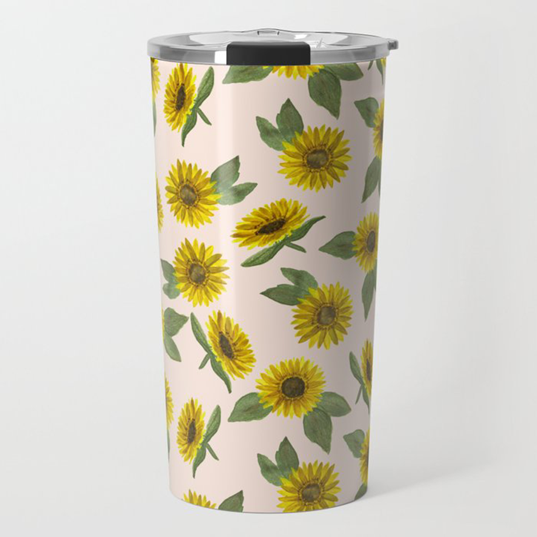 A stylish 20oz stainless steel travel coffee mug featuring vibrant sunflower watercolor artwork, designed for durability and insulation.