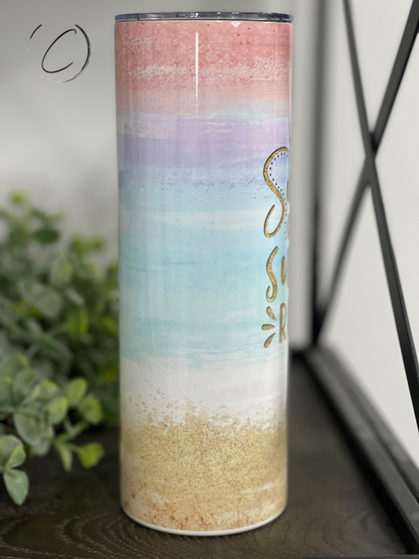 A vibrant Sunrise, Sunburn 20oz Skinny Tumbler featuring a full wrap design, perfect for stylish hydration on the go.