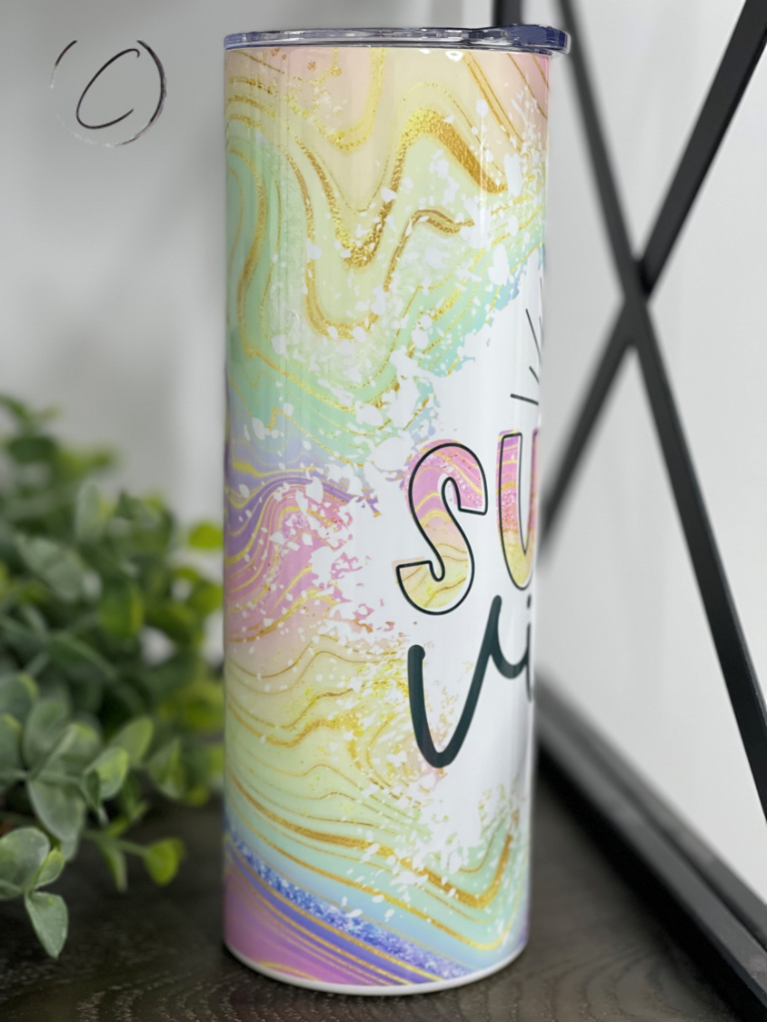 Sunny Vibes 20oz Skinny Tumbler with vibrant design and reusable straw, perfect for hot and cold beverages.