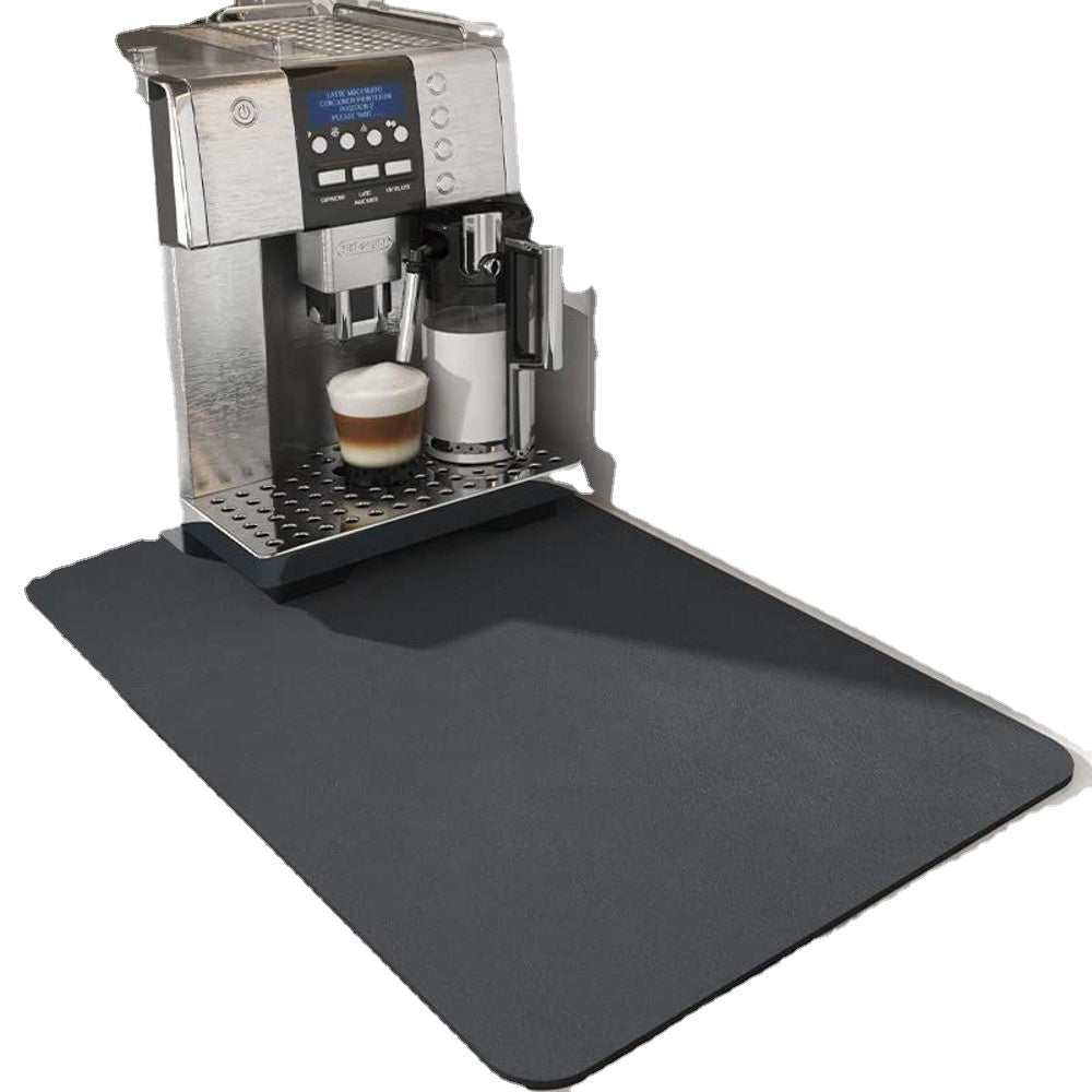 Super Absorbent Drainer Placemat in black and blue colors, designed for kitchen use, showcasing its stain-hiding and absorbent features.