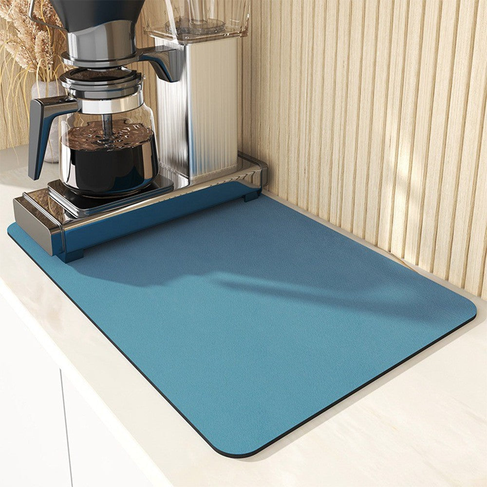 Super Absorbent Drainer Placemat in black and blue colors, designed for kitchen use, showcasing its stain-hiding and absorbent features.