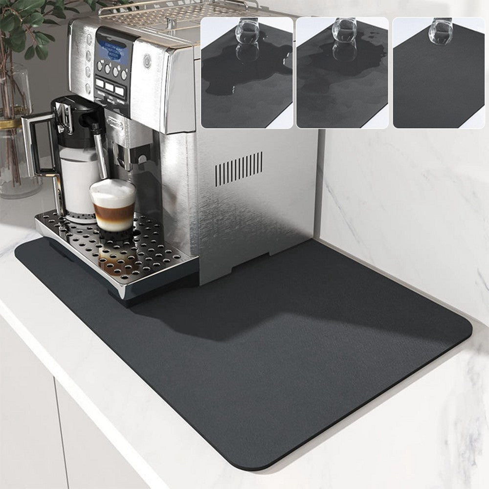 Super Absorbent Drainer Placemat in black and blue colors, designed for kitchen use, showcasing its stain-hiding and absorbent features.