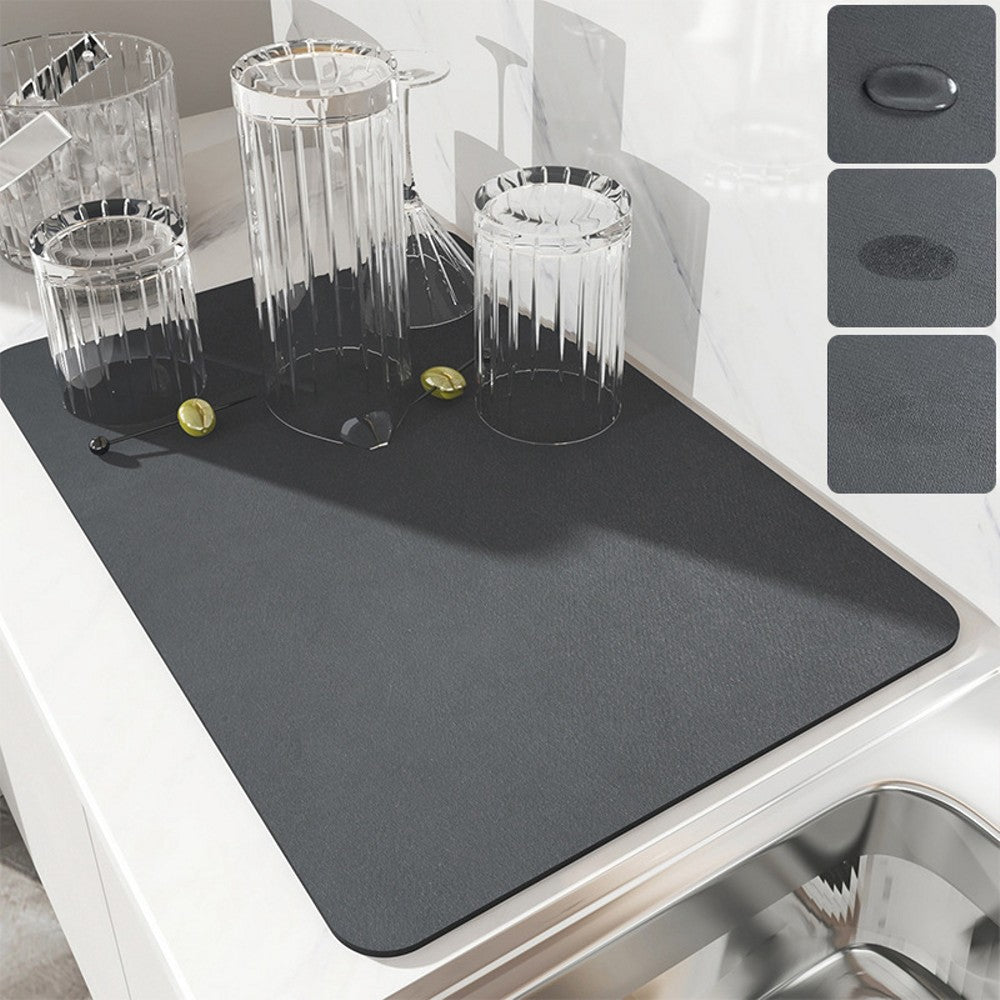 Super Absorbent Drainer Placemat in black and blue colors, designed for kitchen use, showcasing its stain-hiding and absorbent features.