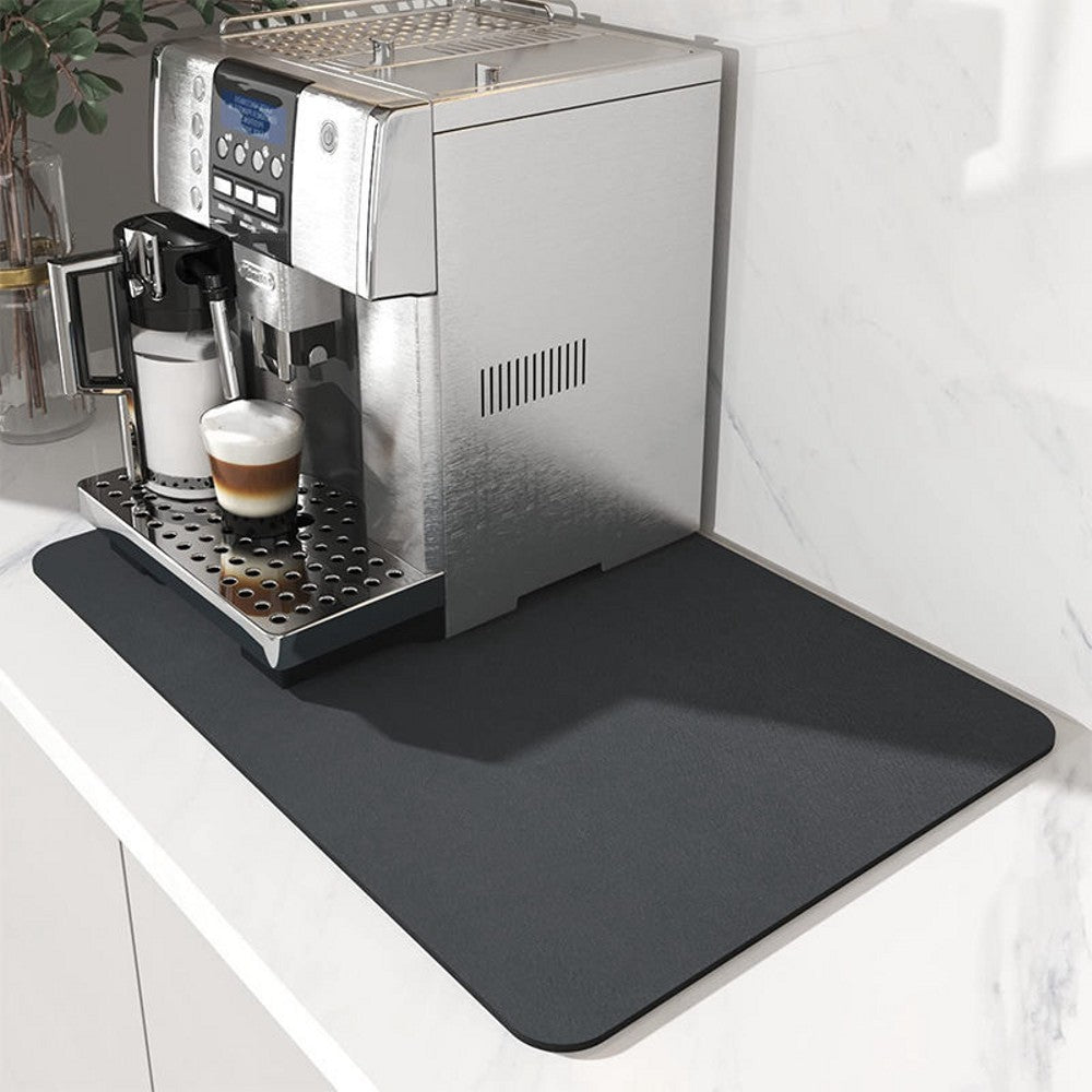 Super Absorbent Drainer Placemat in black and blue colors, designed for kitchen use, showcasing its stain-hiding and absorbent features.