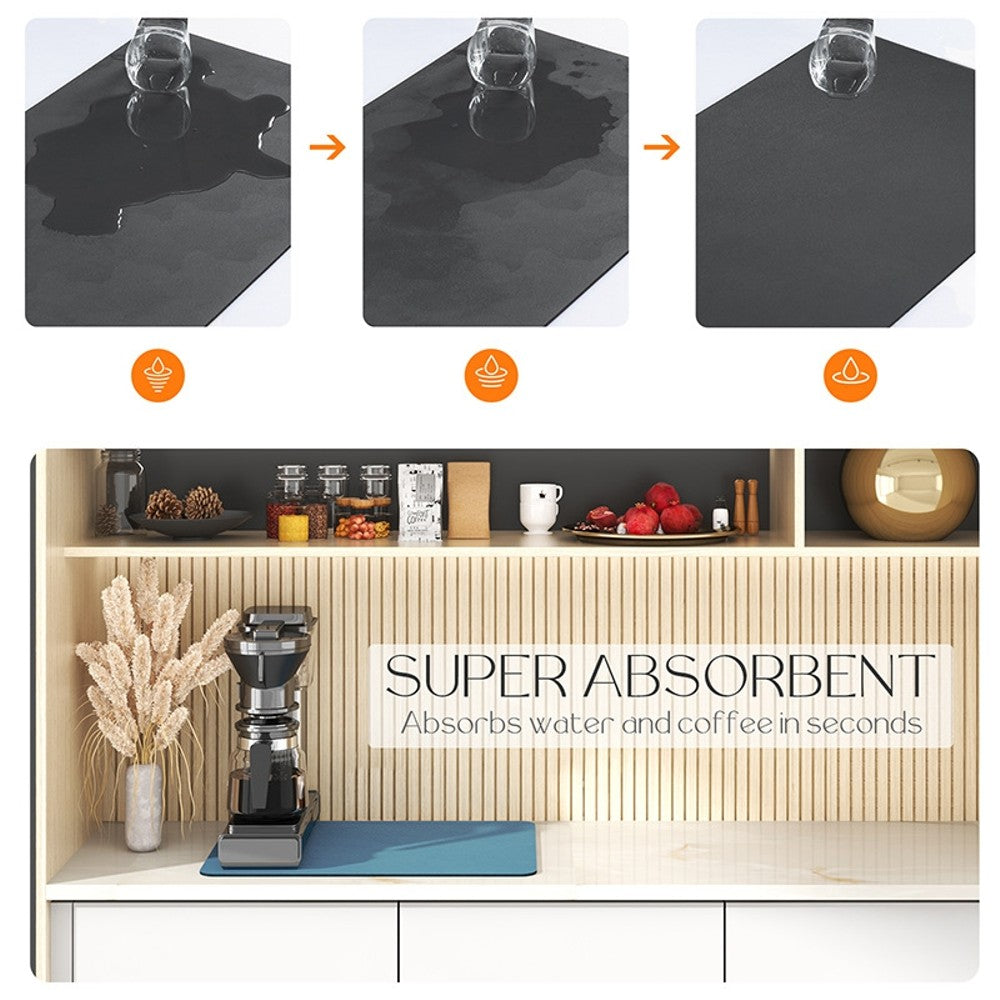 Super Absorbent Drainer Placemat in black and blue colors, designed for kitchen use, showcasing its stain-hiding and absorbent features.