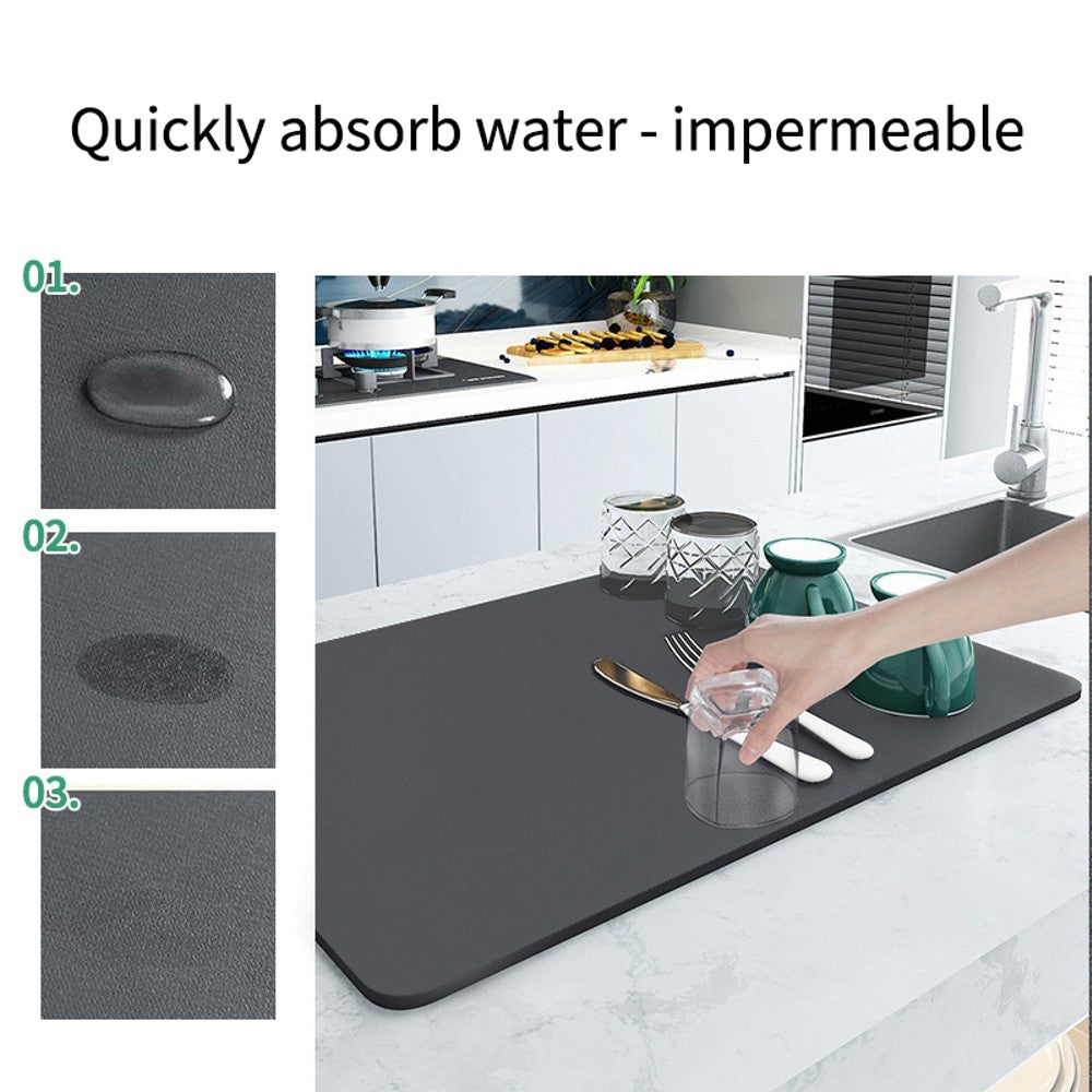 Super Absorbent Drainer Placemat in black and blue colors, designed for kitchen use, showcasing its stain-hiding and absorbent features.