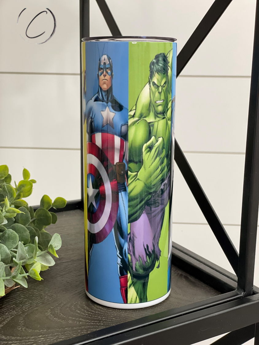 Superheroes 20oz Skinny Tumbler featuring vibrant superhero designs, reusable straw, and insulated body for hot and cold beverages.