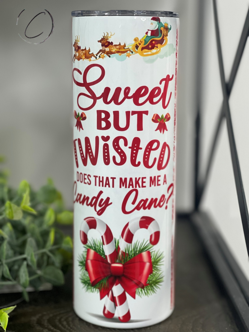 Sweet But Twisted 20oz Skinny Tumbler with a vibrant full wrap design, featuring a reusable straw.