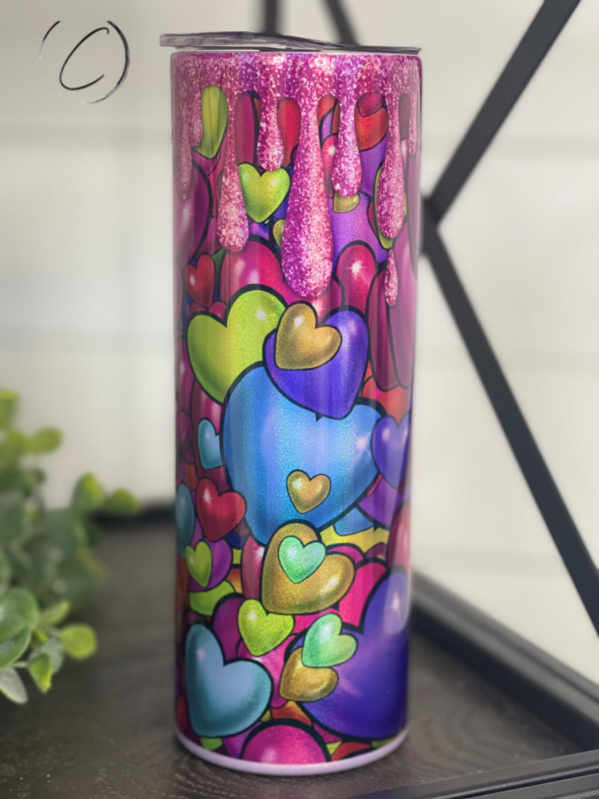 Sweet Hearts 20oz Shimmer Skinny Tumbler with vibrant rainbow shimmer design and reusable straw.