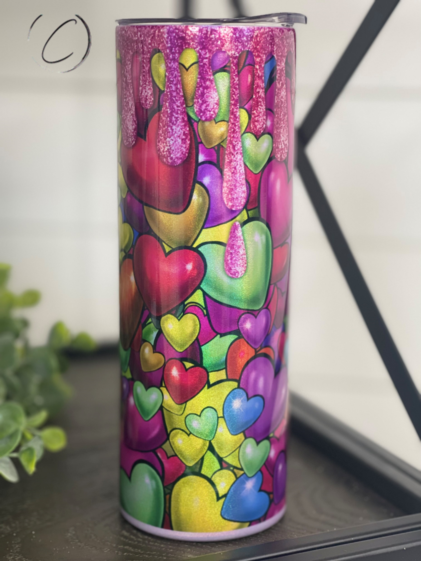 Sweet Hearts 20oz Shimmer Skinny Tumbler with vibrant rainbow shimmer design and reusable straw.