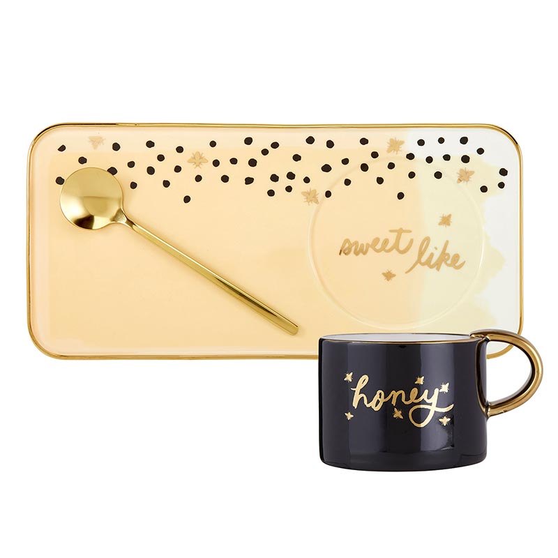 Sweet Like Honey Mug, Tray, and Spoon Set featuring a black ceramic mug with gold lettering, a matching tray, and a gold spoon.