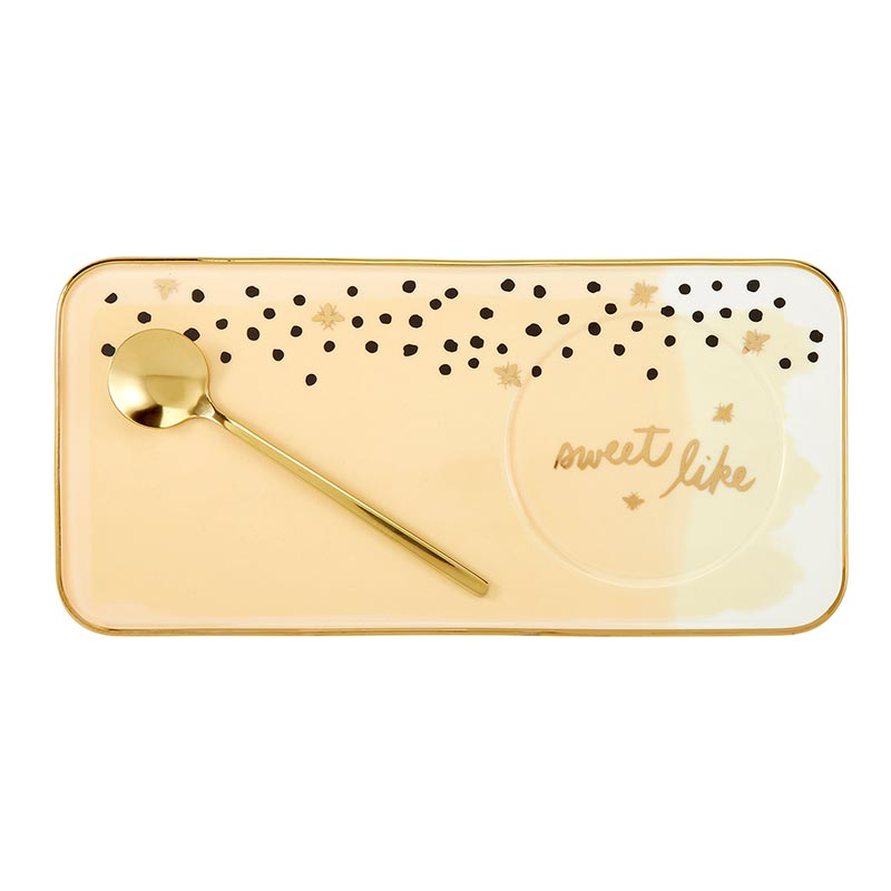 Sweet Like Honey Mug, Tray, and Spoon Set featuring a black ceramic mug with gold lettering, a matching tray, and a gold spoon.