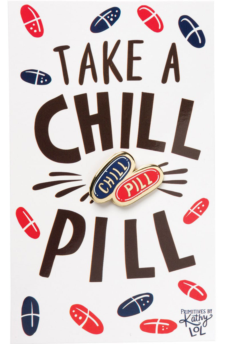 Take A Chill Pill Enamel Pin on a gift card, featuring a colorful design and a blank space for a handwritten note.