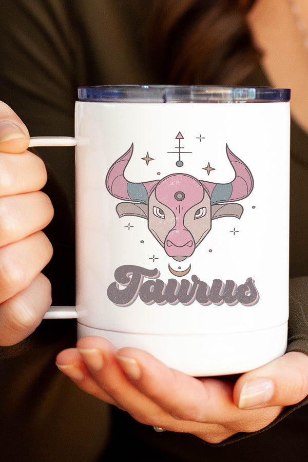 A stainless steel travel mug featuring the Taurus astrological sign design, double wall insulated with a secure lid.