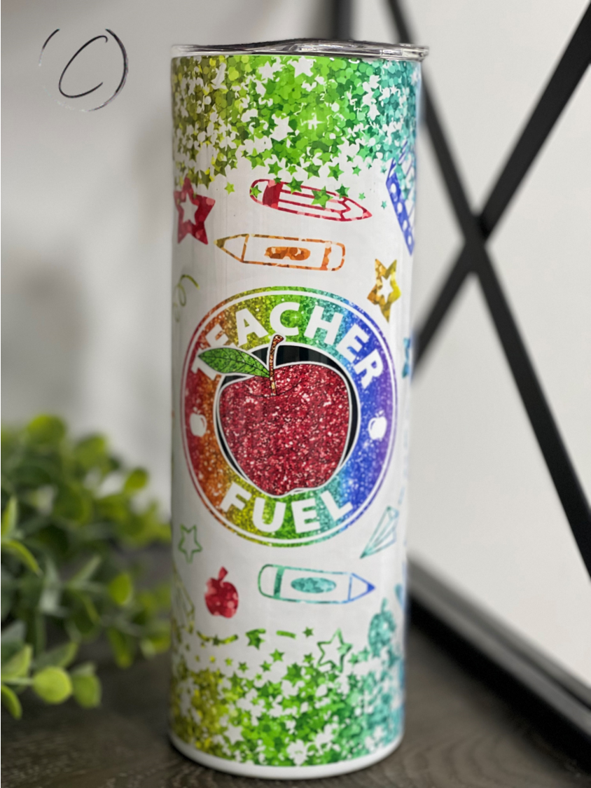 Teacher Fuel 20oz Skinny Tumbler with vibrant design and reusable straw, perfect for teachers.