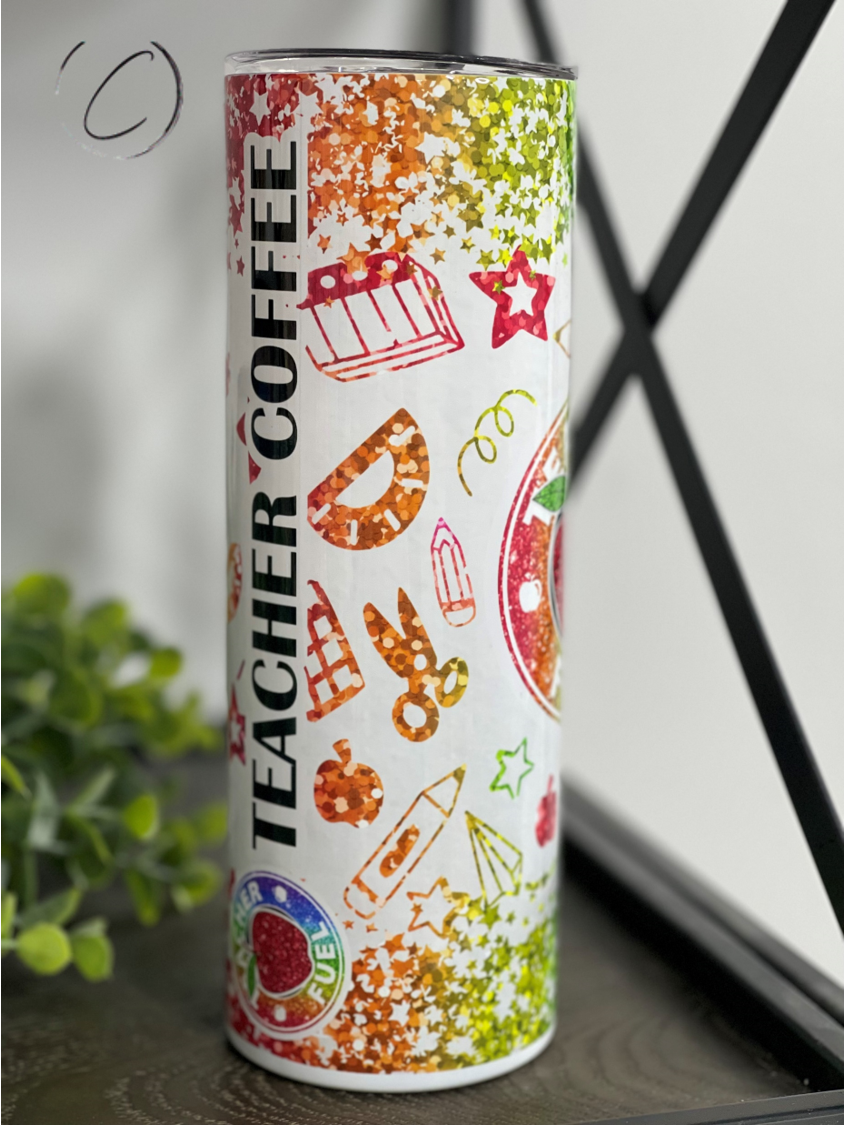 Teacher Fuel 20oz Skinny Tumbler with vibrant design and reusable straw, perfect for teachers.