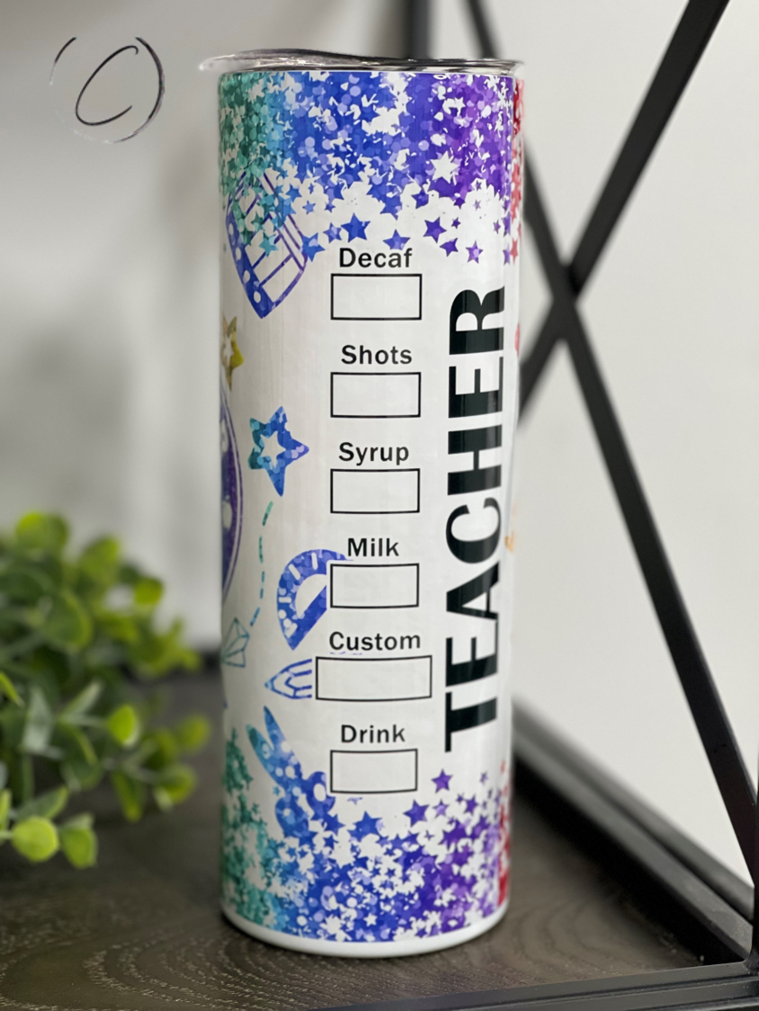 Teacher Fuel 20oz Skinny Tumbler with vibrant design and reusable straw, perfect for teachers.