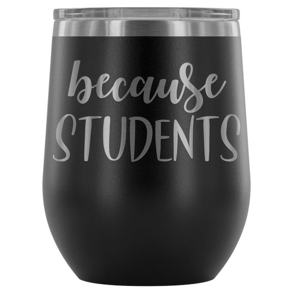 Colorful Teacher Tumbler in various shades, showcasing its stainless steel design and engraved text, perfect for wine or coffee.