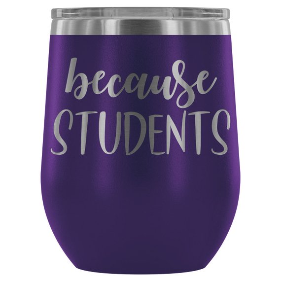 Colorful Teacher Tumbler in various shades, showcasing its stainless steel design and engraved text, perfect for wine or coffee.