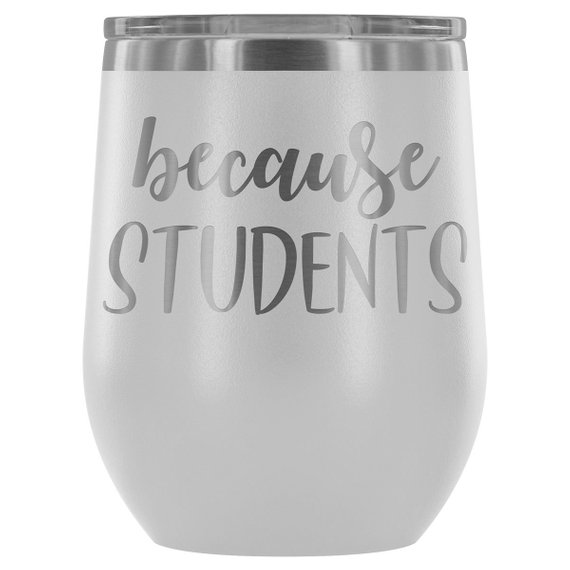 Colorful Teacher Tumbler in various shades, showcasing its stainless steel design and engraved text, perfect for wine or coffee.