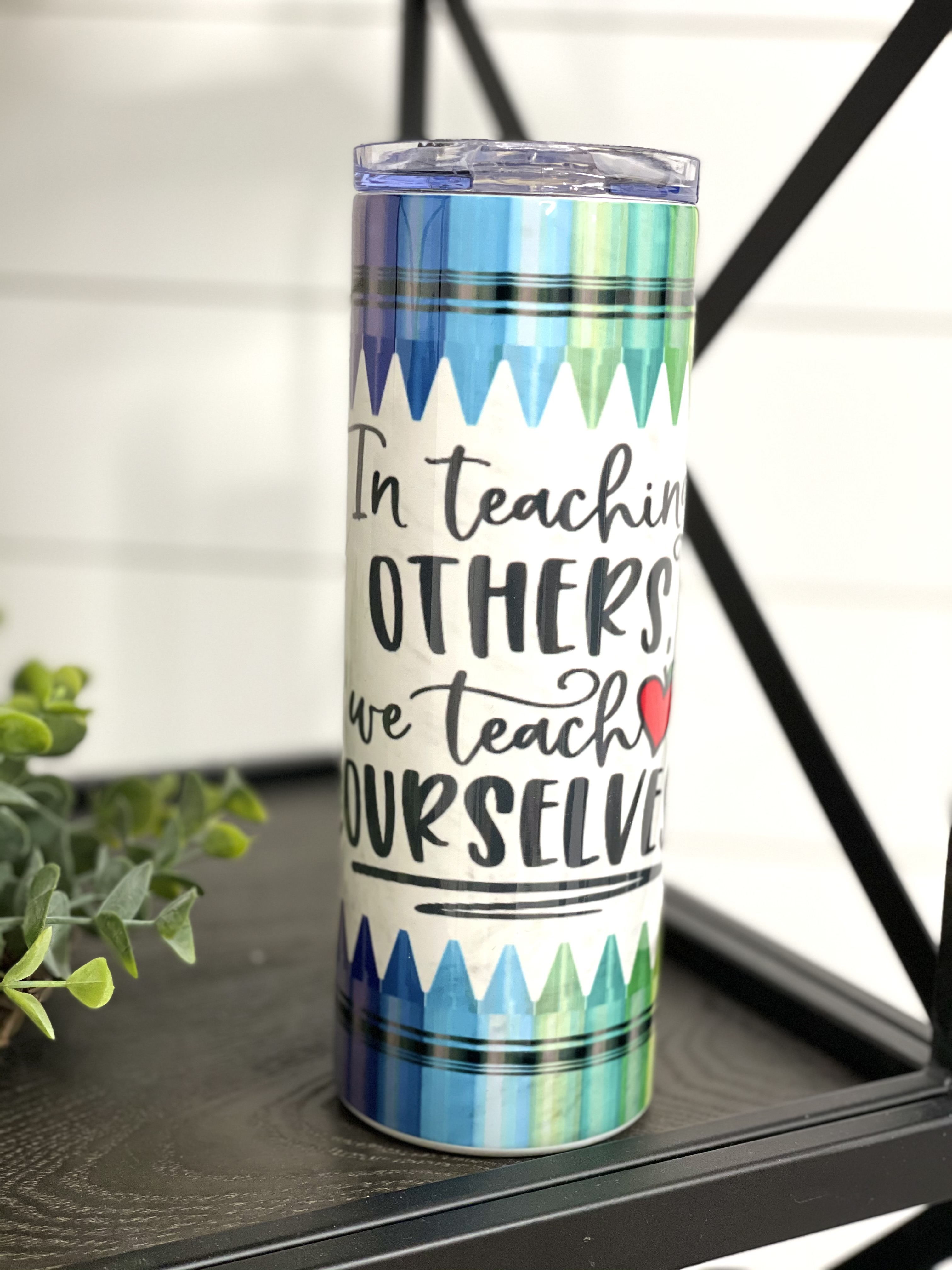 Teaching Teachers 20oz Skinny Tumbler with vibrant full wrap design, includes reusable straw, perfect for educators.