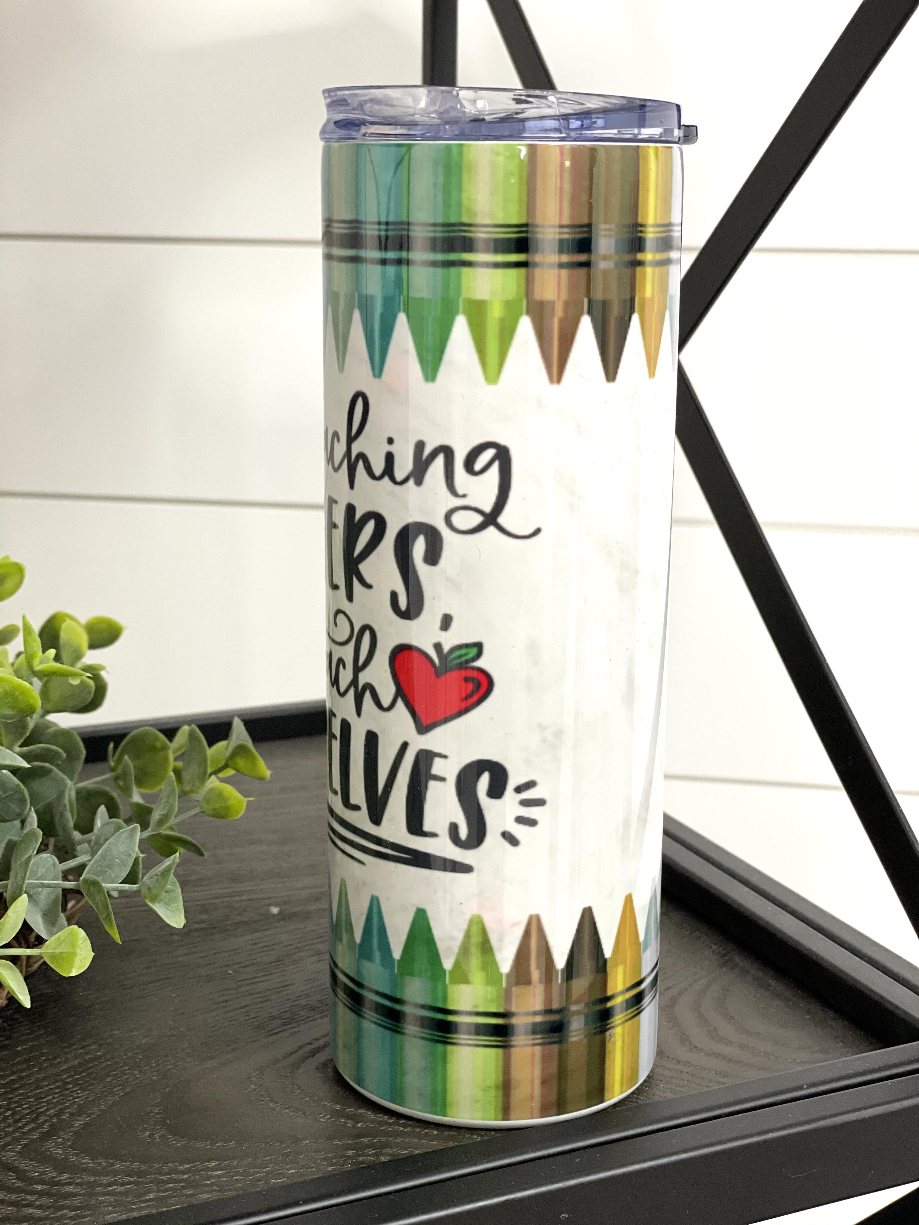 Teaching Teachers 20oz Skinny Tumbler with vibrant full wrap design, includes reusable straw, perfect for educators.