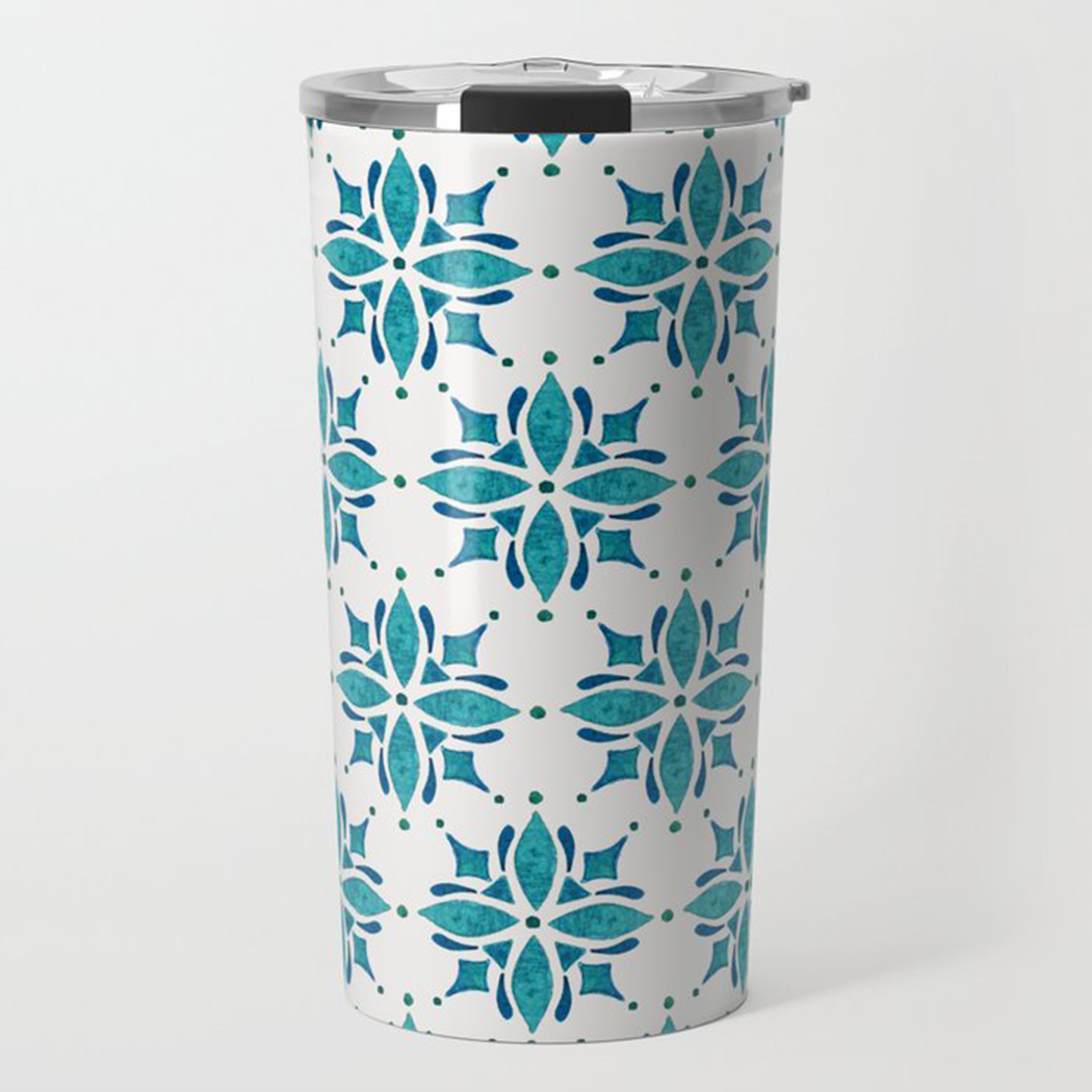 Teal Tile Travel Coffee Mug made of stainless steel with a vibrant teal tile design, featuring a vacuum-sealed lid and double-wall insulation.