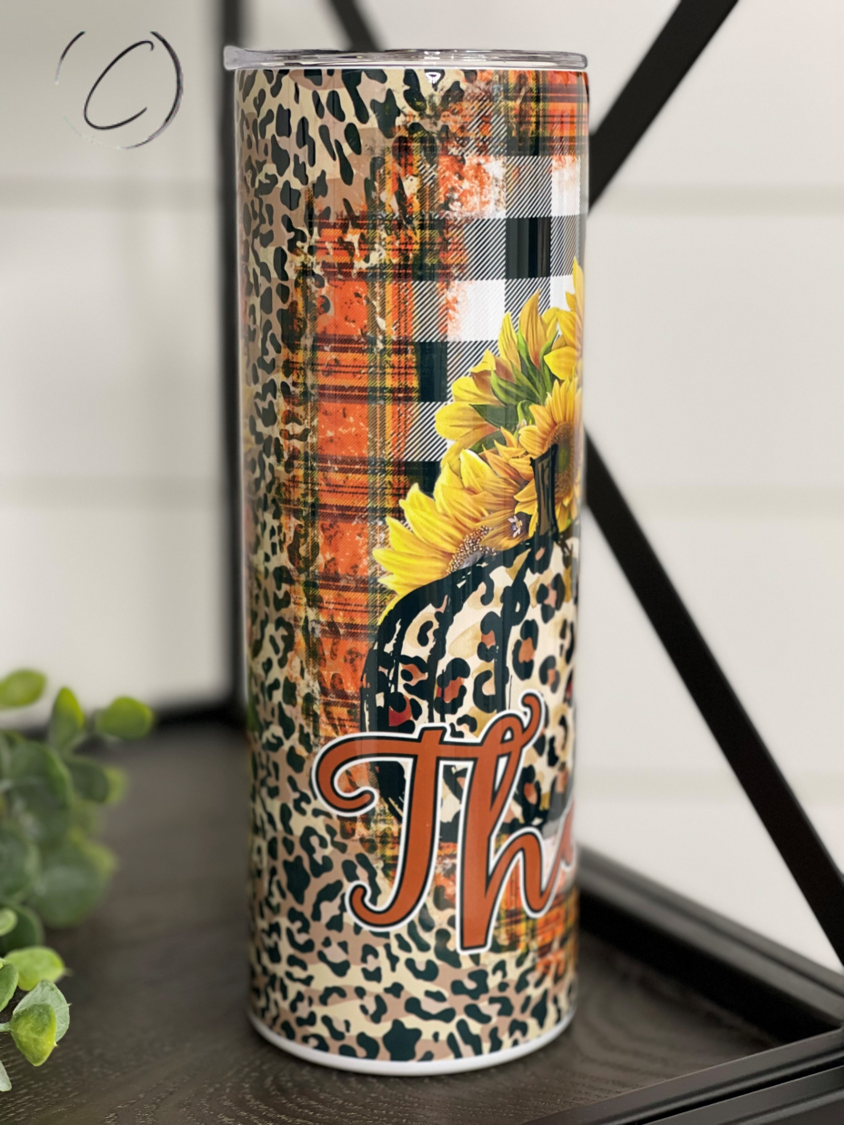 Thankful Pumpkin & Plaid 20oz Skinny Tumbler featuring a vibrant pumpkin and plaid design, perfect for fall beverages.