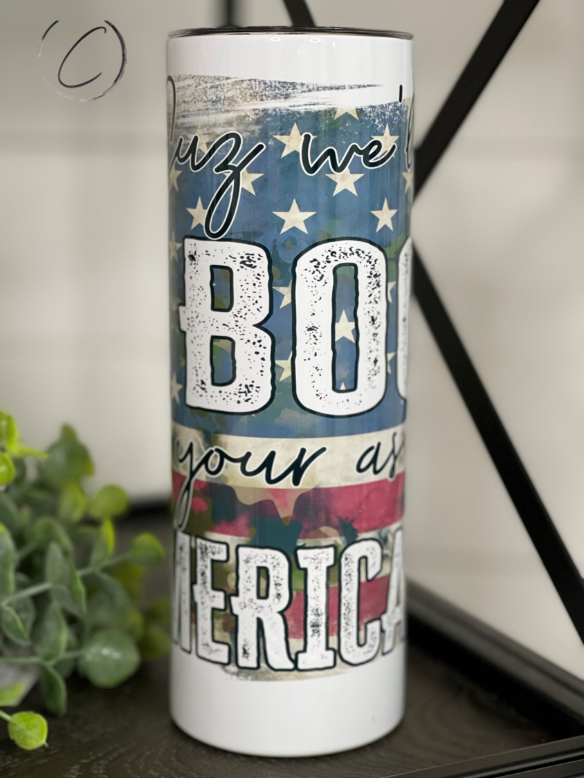 The American Way 20oz Skinny Tumbler featuring a vibrant design, durable construction, and a reusable straw.