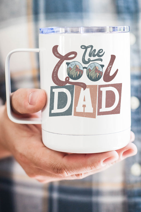 The Cool Dad Stainless Steel Coffee Travel Cup with a stylish design, double wall insulation, and a secure lid, perfect for on-the-go coffee lovers.