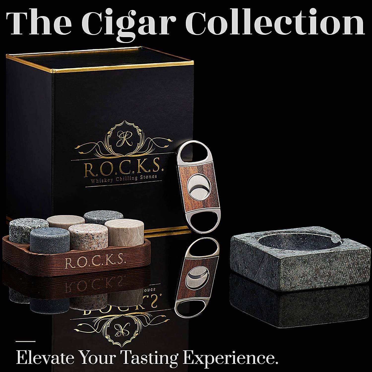 The Gentleman's Set featuring whiskey stones and a handcrafted granite cigar ashtray, perfect for cigar and whiskey enthusiasts.