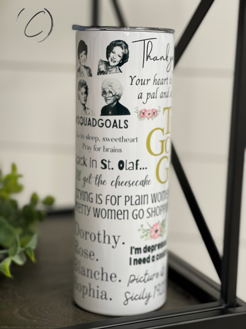 The Golden Girls 20oz Skinny Tumbler featuring vibrant design and reusable straw, perfect for fans.