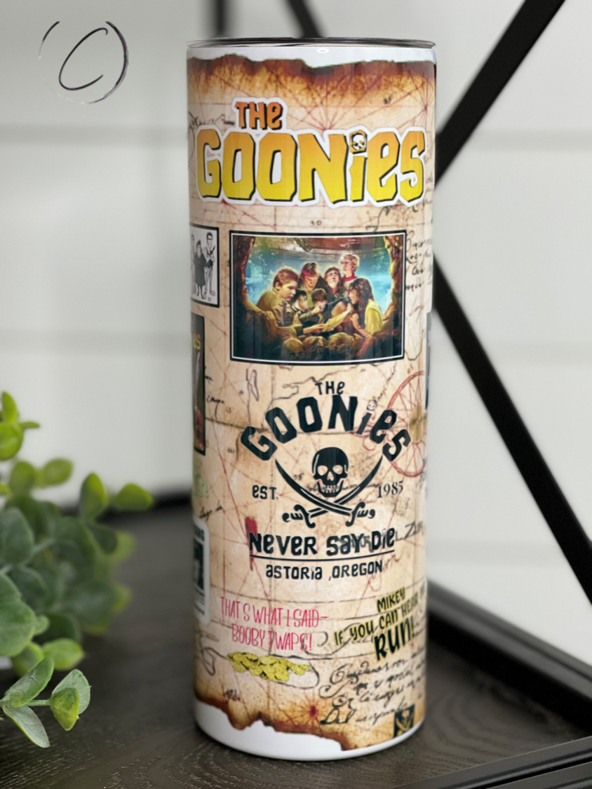 The Goonies 20oz Skinny Tumbler featuring a vibrant full wrap design, perfect for fans of the classic film.