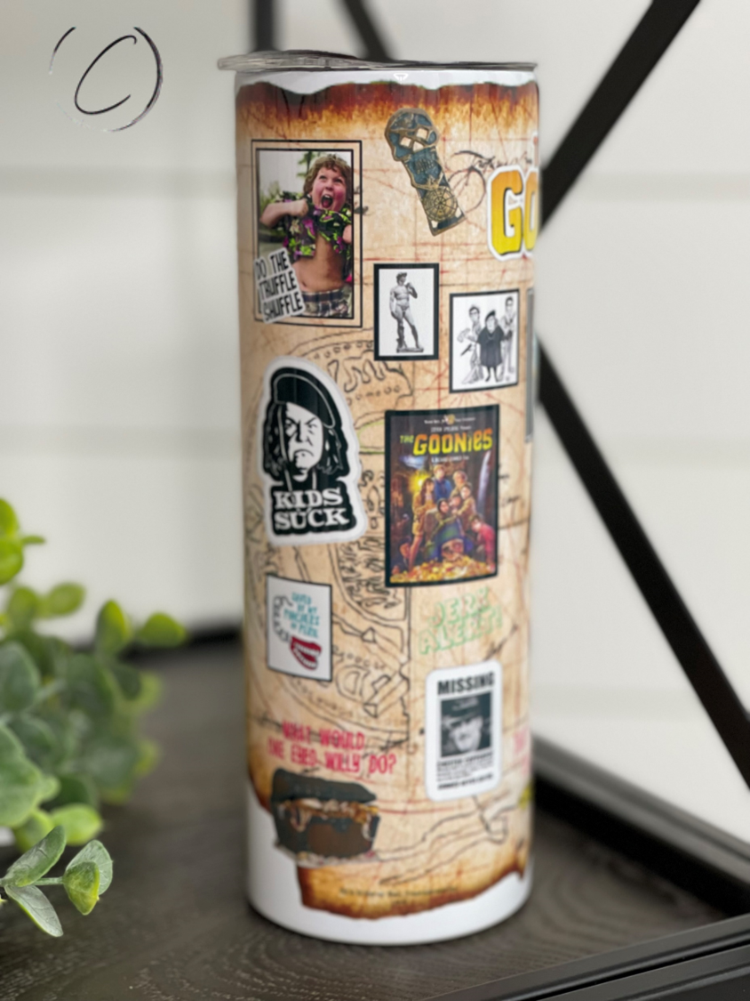 The Goonies 20oz Skinny Tumbler featuring a vibrant full wrap design, perfect for fans of the classic film.