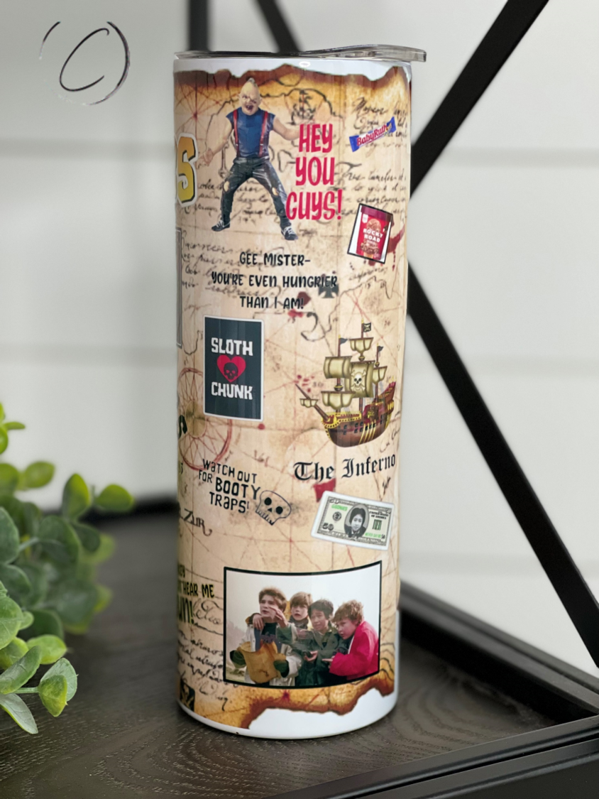 The Goonies 20oz Skinny Tumbler featuring a vibrant full wrap design, perfect for fans of the classic film.