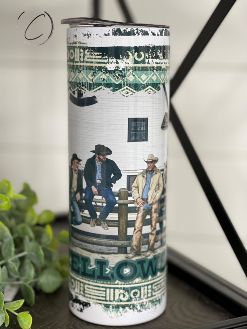 The Men Of Yellowstone 20oz Skinny Tumbler featuring a vibrant full wrap design, perfect for fans of the show.