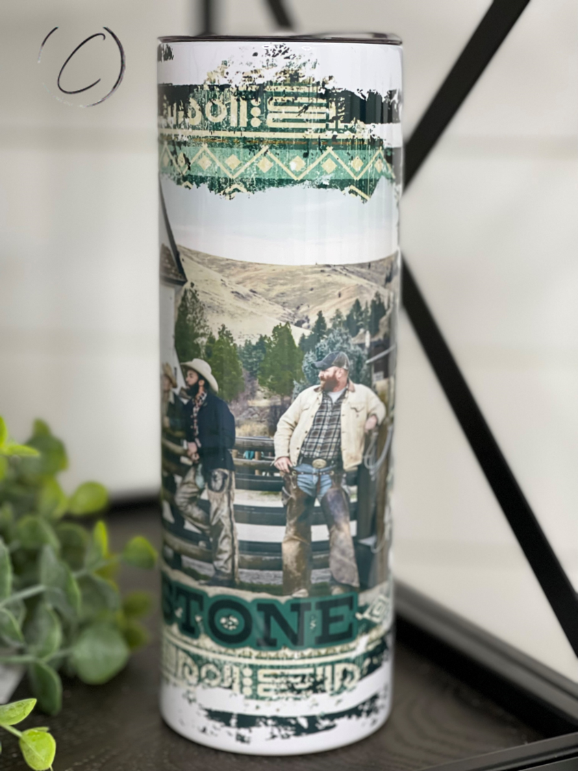 The Men Of Yellowstone 20oz Skinny Tumbler featuring a vibrant full wrap design, perfect for fans of the show.