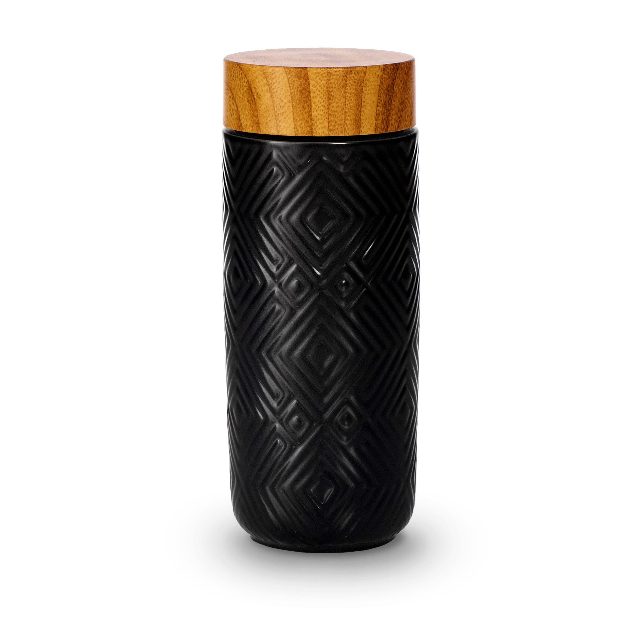 The Miracle Ceramic Tumbler showcasing its elegant design with a bamboo effect lid, featuring a tourmaline lining for enhanced beverage purity.