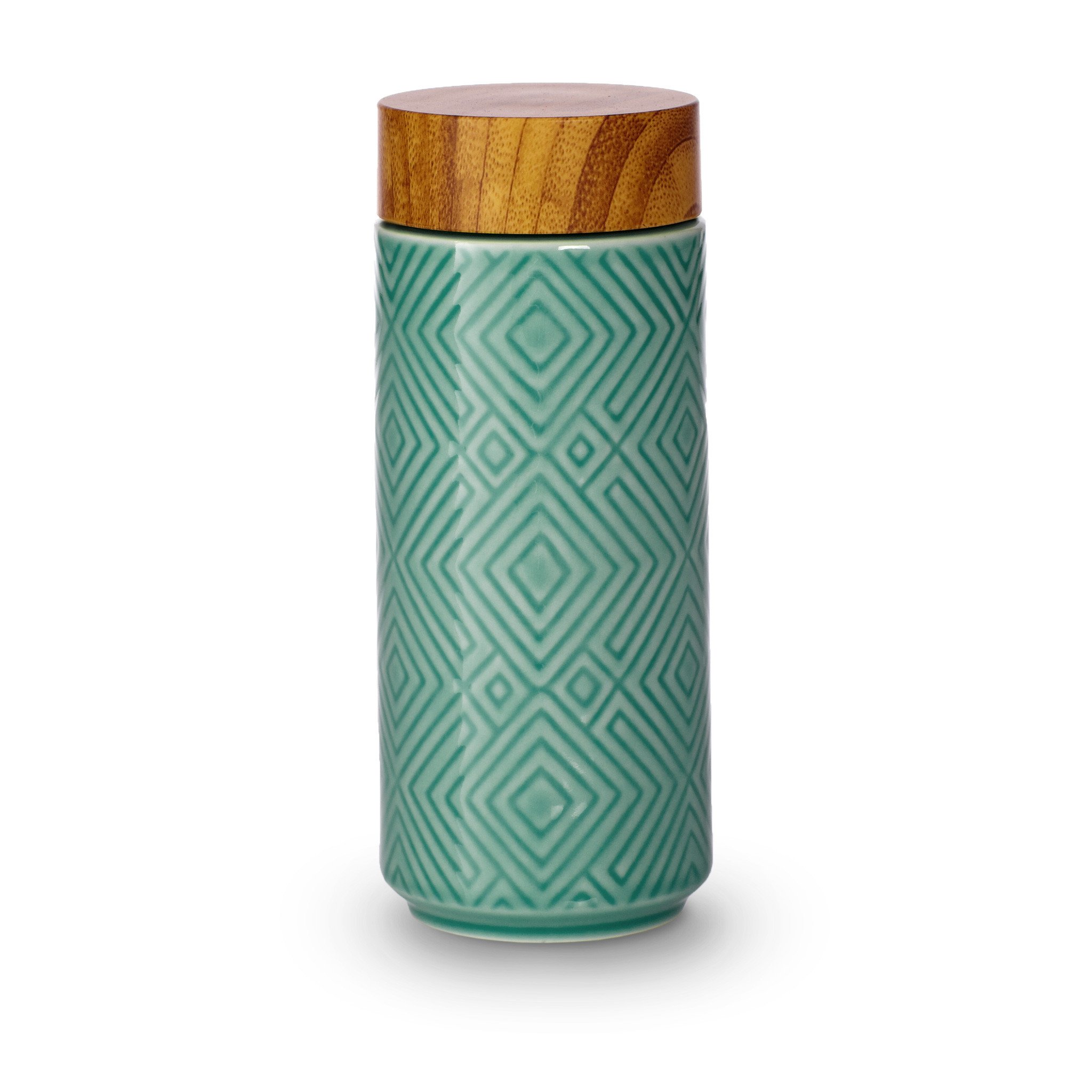 The Miracle Ceramic Tumbler showcasing its elegant design with a bamboo effect lid, featuring a tourmaline lining for enhanced beverage purity.