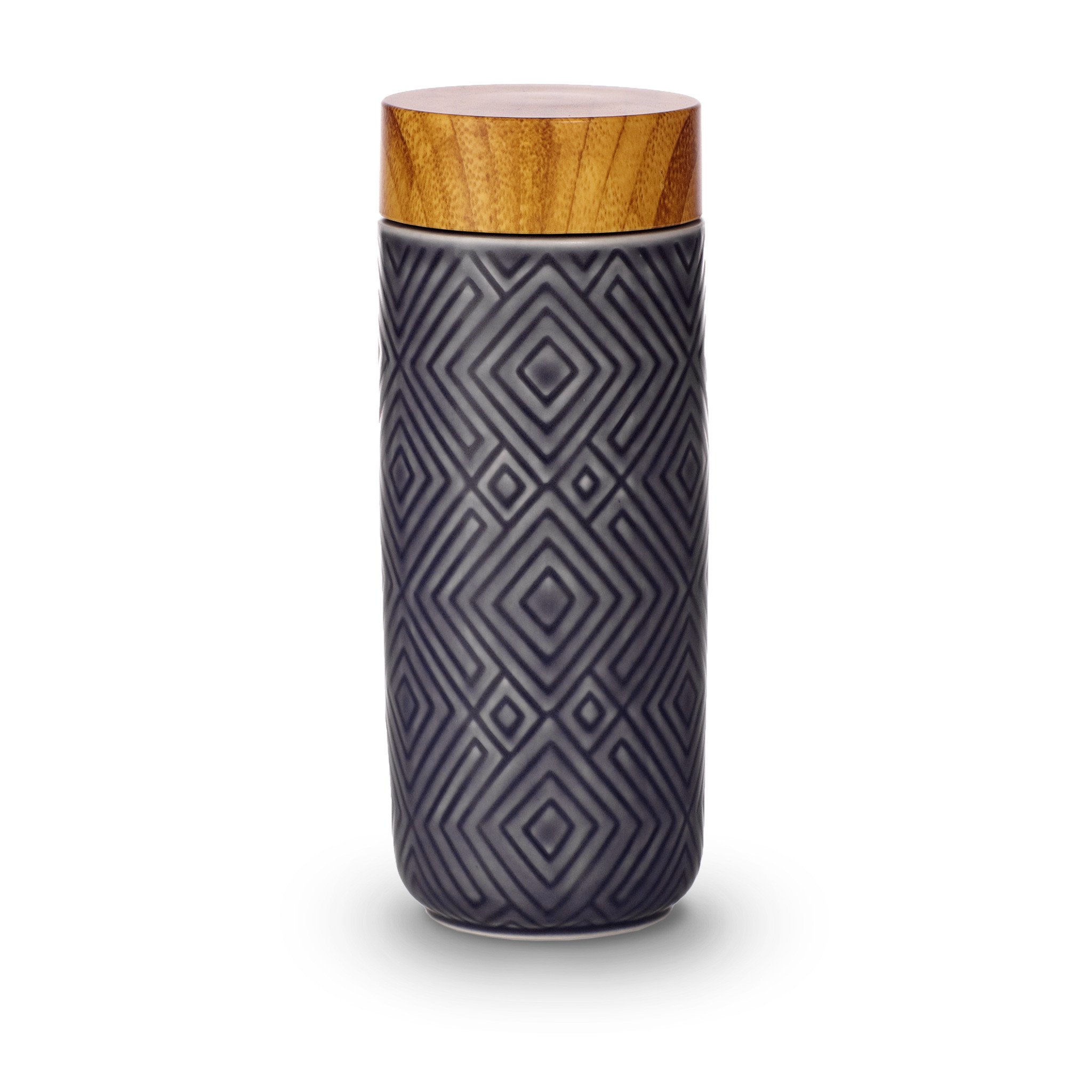 The Miracle Ceramic Tumbler showcasing its elegant design with a bamboo effect lid, featuring a tourmaline lining for enhanced beverage purity.