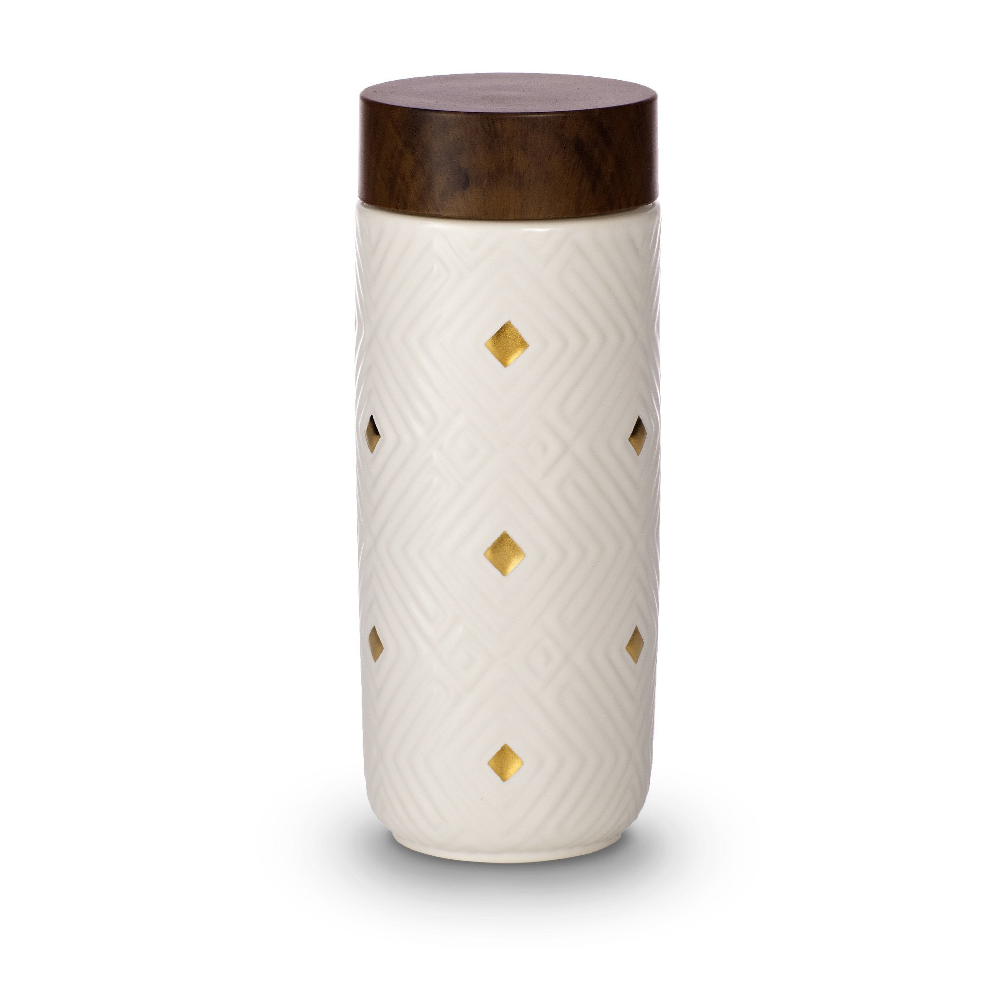 The Miracle Gold Ceramic Tumbler featuring a gold ceramic finish, walnut wood effect lid, and double wall insulation for optimal temperature retention.