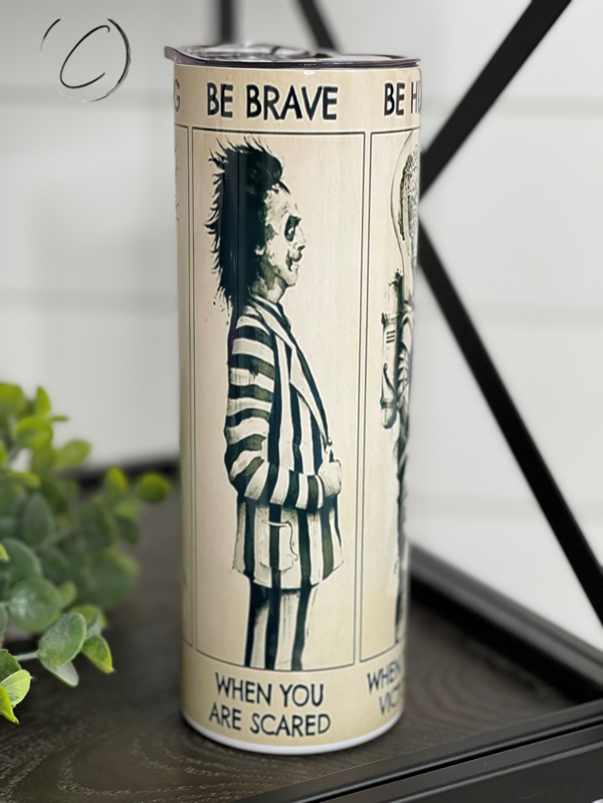 Tim Burton Creations 20oz Skinny Tumbler featuring unique artwork, reusable straw, and durable design.