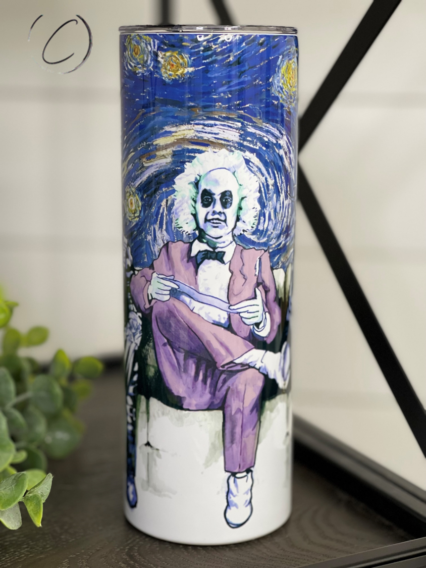 Tim Burton Starry Night 20oz Skinny Tumbler featuring a vibrant full wrap design with a reusable straw.